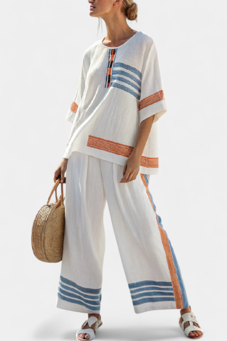Women's Striped Top &amp; Trousers in Blue-Orange for Seaside