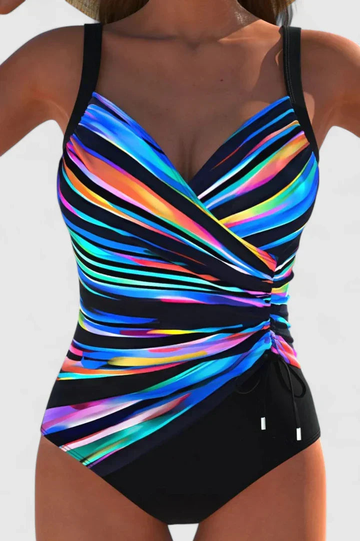 Women's Striped Wrap-Front Swimsuit with Ruched Side