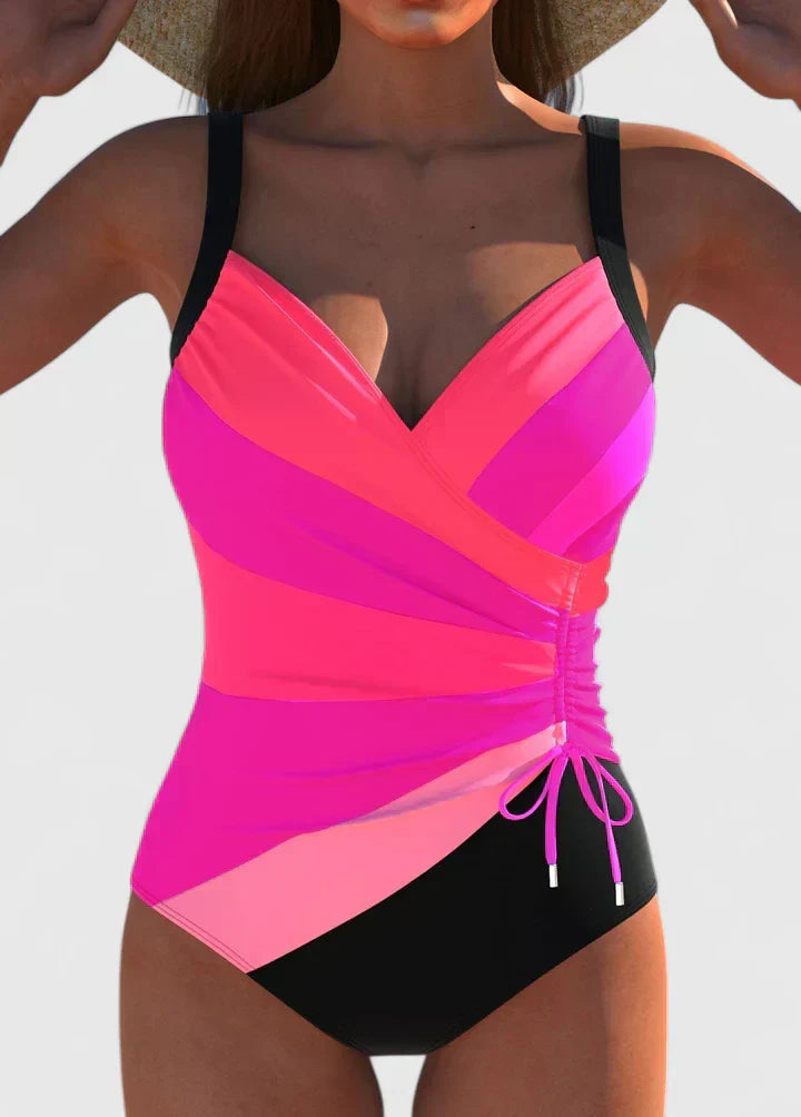 Women's Striped Wrap-Front Swimsuit with Ruched Side