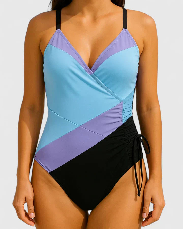 Women's Striped Wrap-Front Swimsuit with Ruched Side