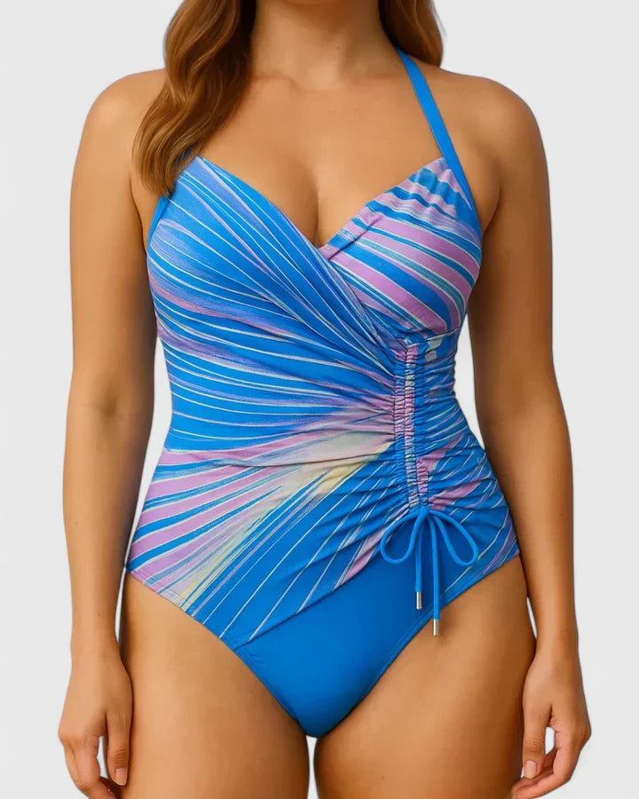 Women's Striped Wrap-Front Swimsuit with Ruched Side