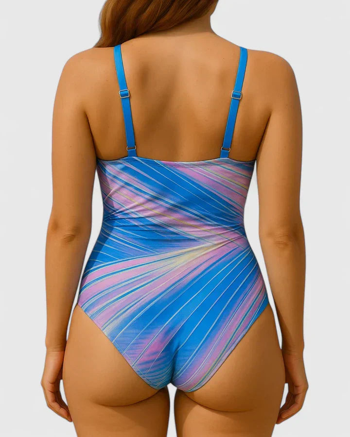 Women's Striped Wrap-Front Swimsuit with Ruched Side