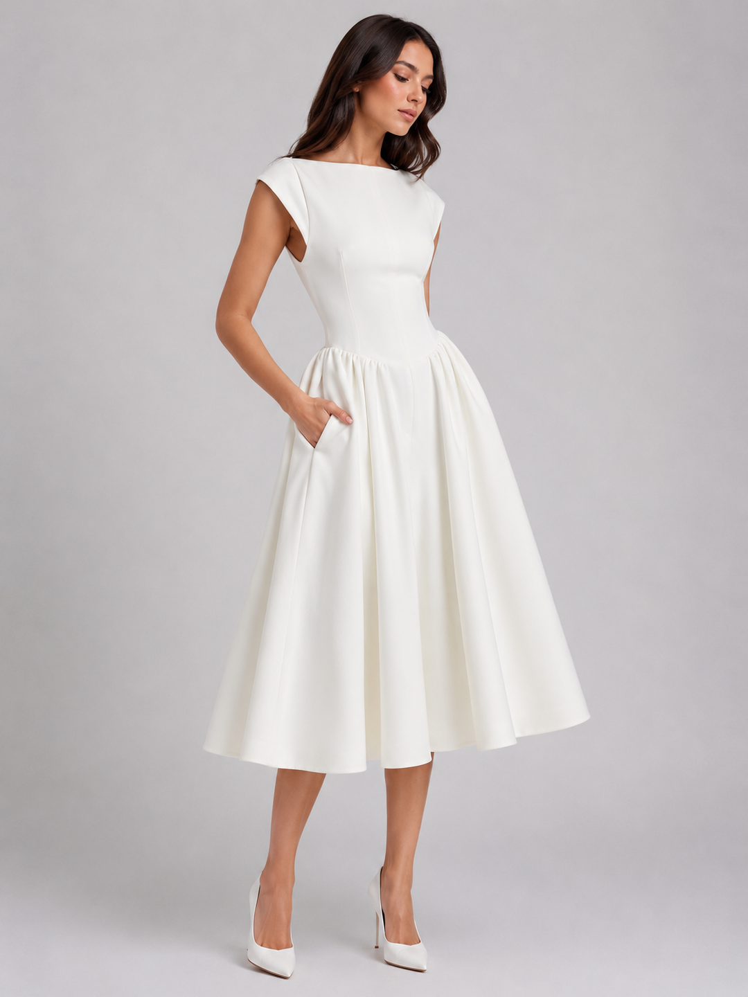 Women’s Structured Cap-Sleeve Midi Dress with Waist