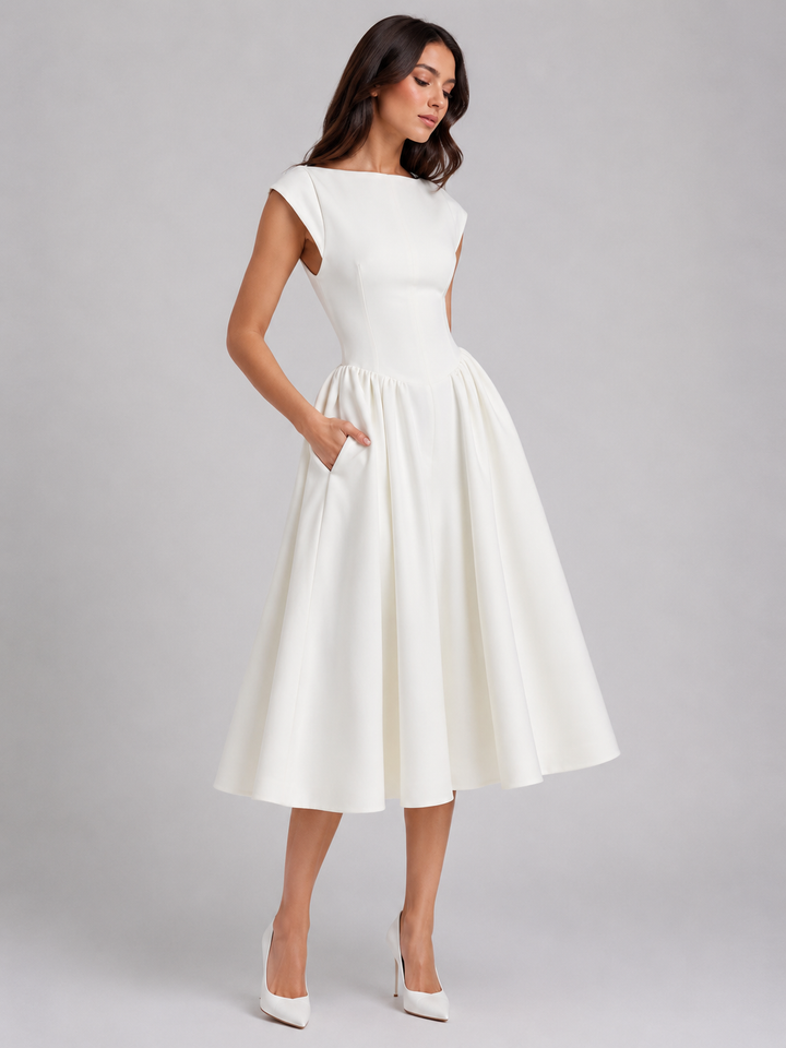 Women’s Structured Cap-Sleeve Midi Dress with Waist
