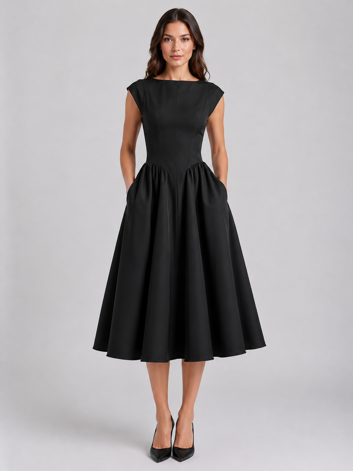 Women’s Structured Cap-Sleeve Midi Dress with Waist