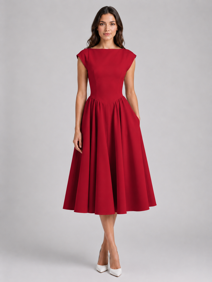 Women’s Structured Cap-Sleeve Midi Dress with Waist