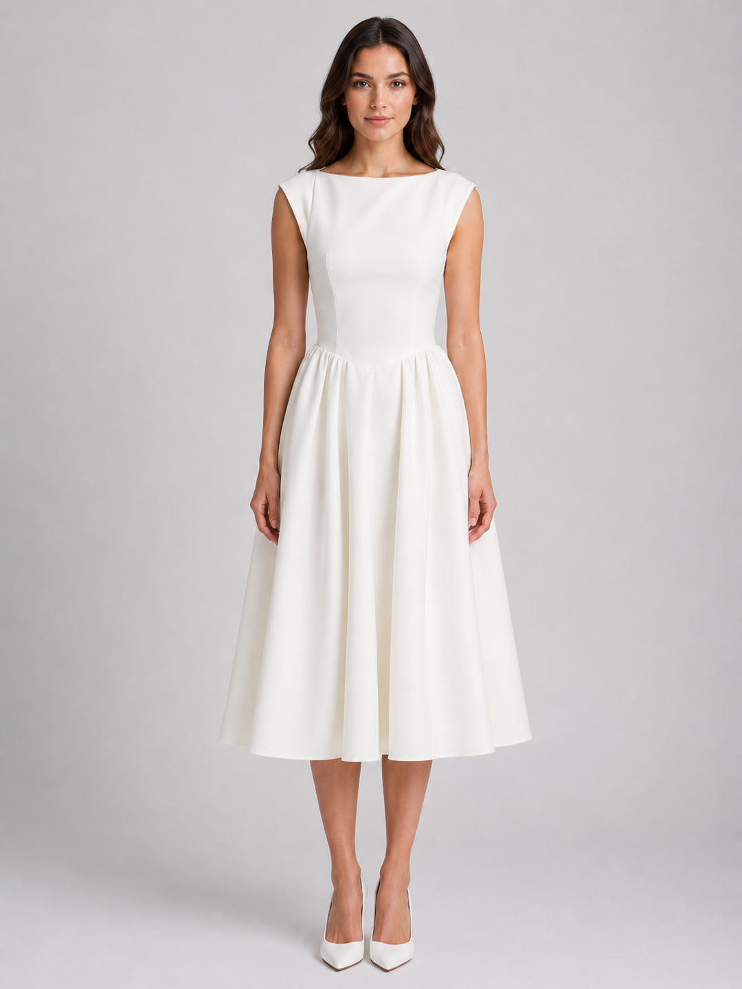 Women’s Structured Cap-Sleeve Midi Dress with Waist