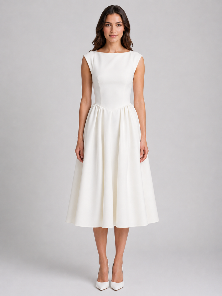Women’s Structured Cap-Sleeve Midi Dress with Waist