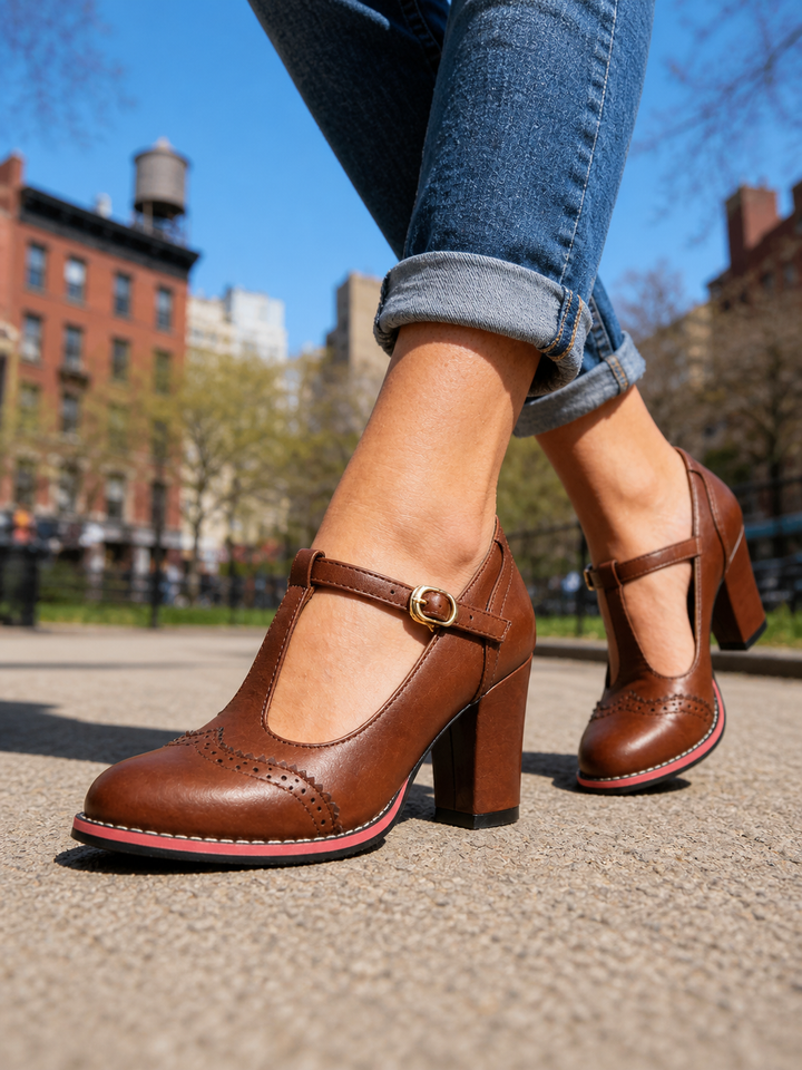 Women’s T-Bar Brogue Shoes with Block Heel