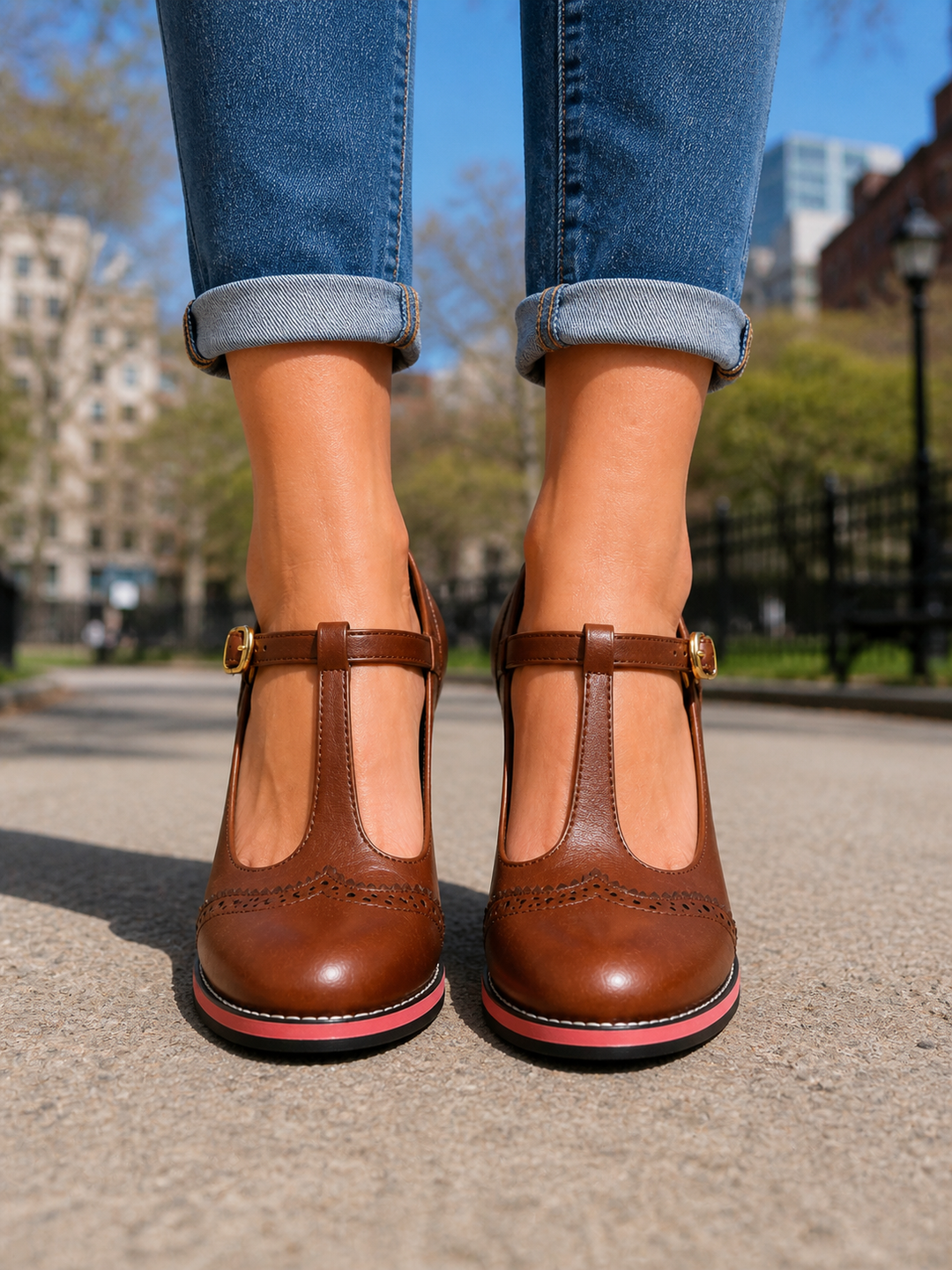 Women’s T-Bar Brogue Shoes with Block Heel