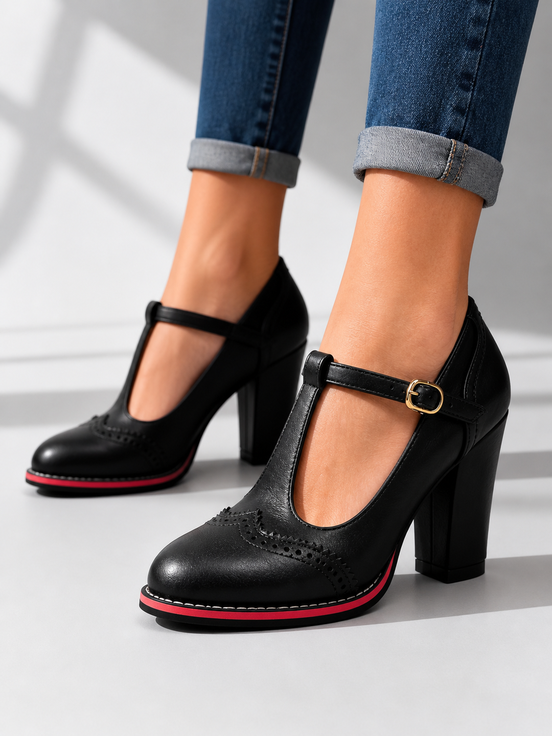Women’s T-Bar Brogue Shoes with Block Heel