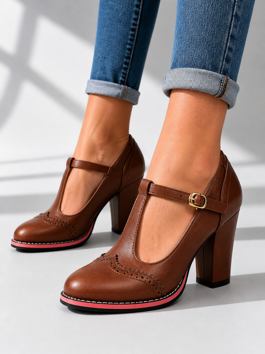 Women’s T-Bar Brogue Shoes with Block Heel
