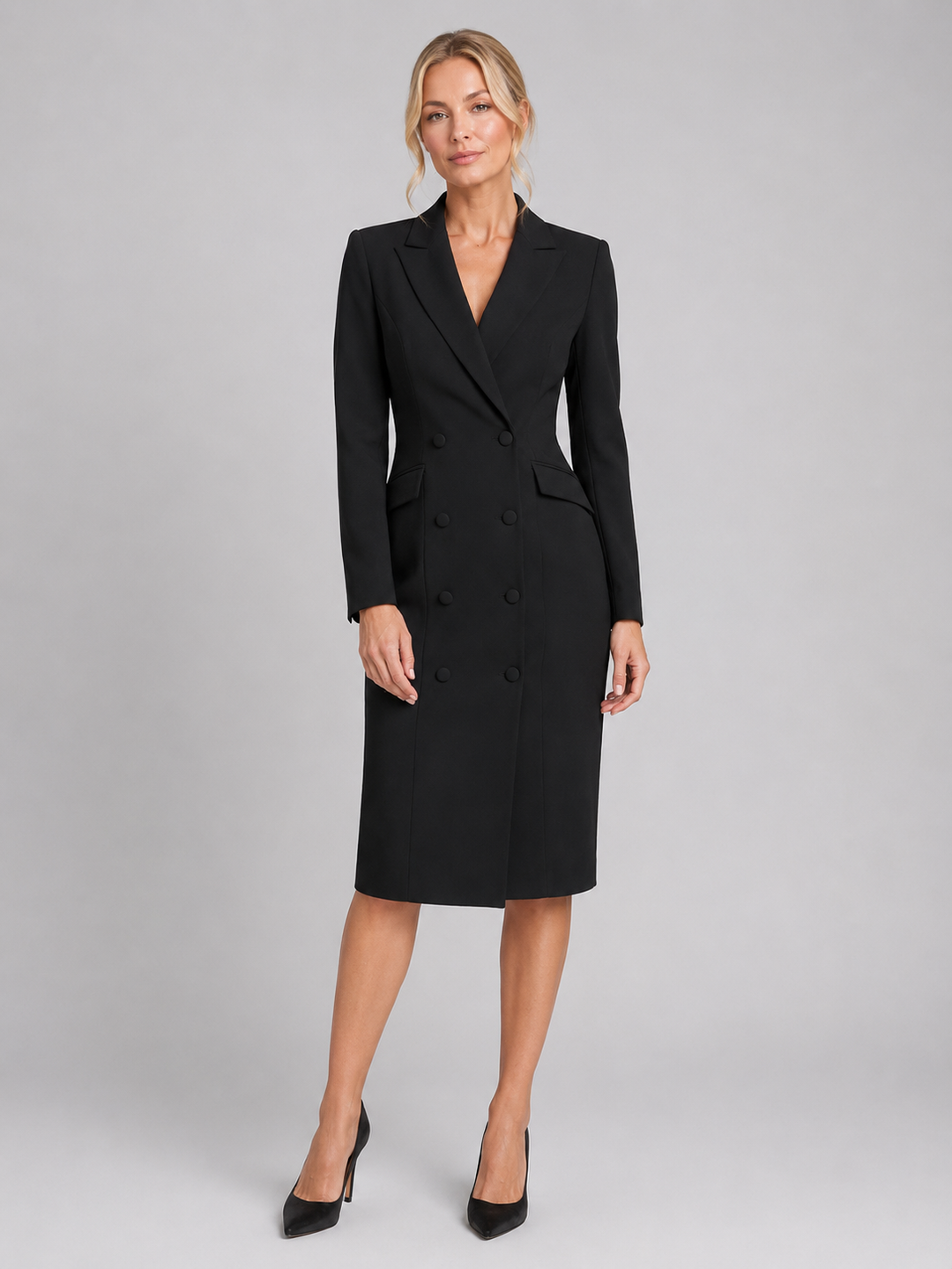 Women’s Tailored Blazer Midi Dress with Double-Breasted