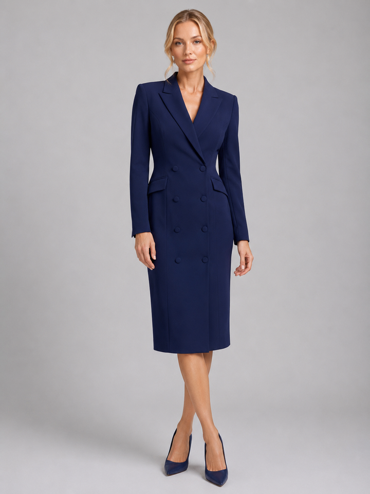 Women’s Tailored Blazer Midi Dress with Double-Breasted