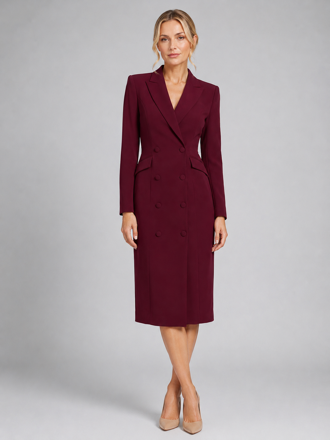 Women’s Tailored Blazer Midi Dress with Double-Breasted