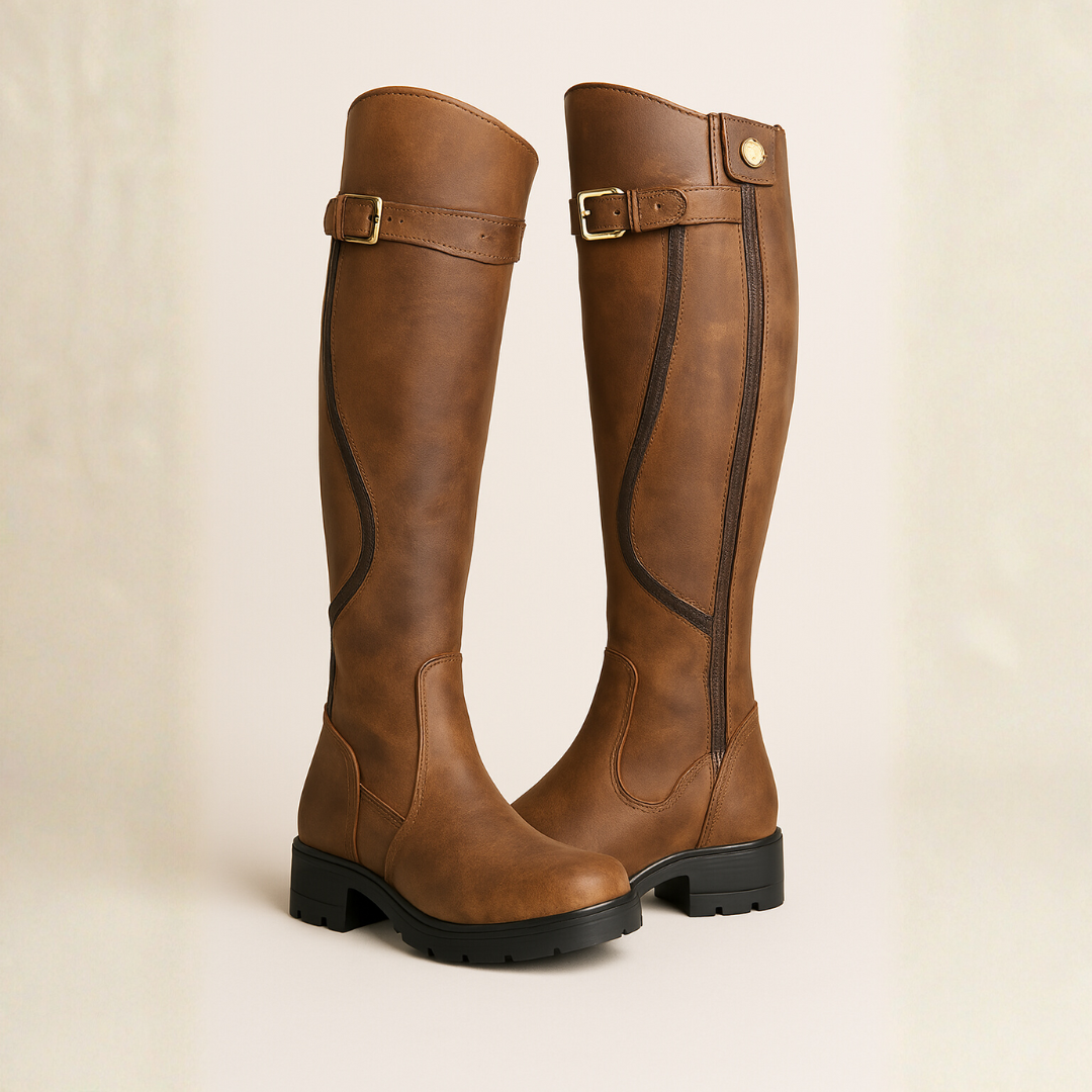 Women's Tall Boots with Gold Buckles for City Strolls