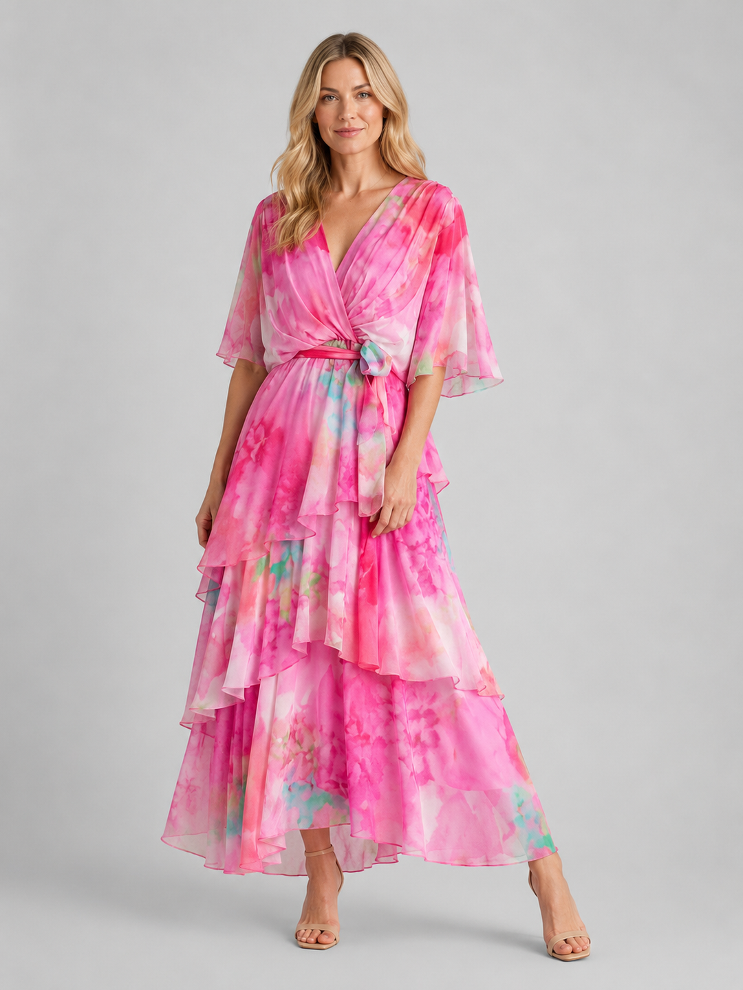 Women’s Tiered Chiffon Maxi Dress with Belt
