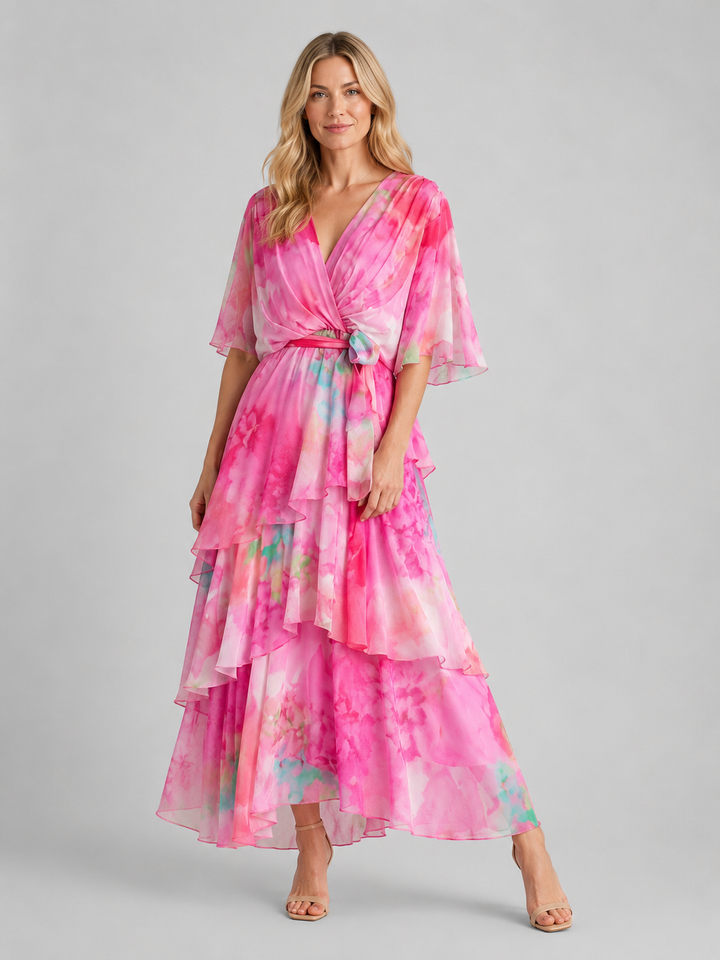 Women’s Tiered Chiffon Maxi Dress with Belt