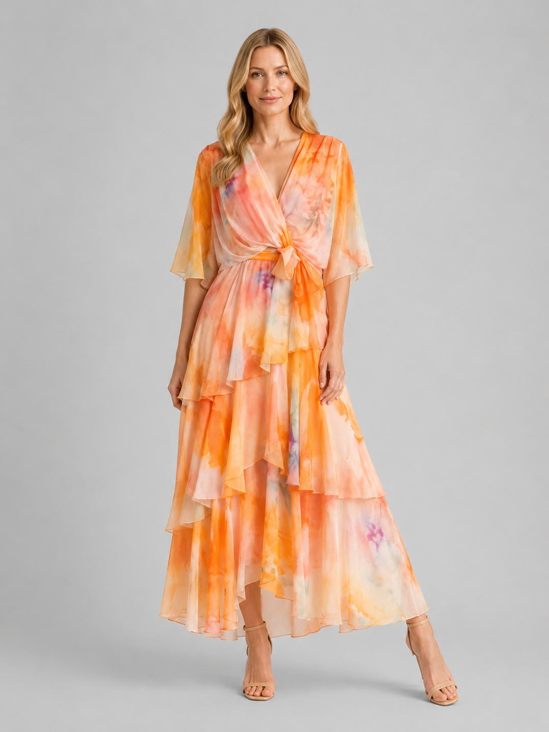 Women’s Tiered Chiffon Maxi Dress with Belt