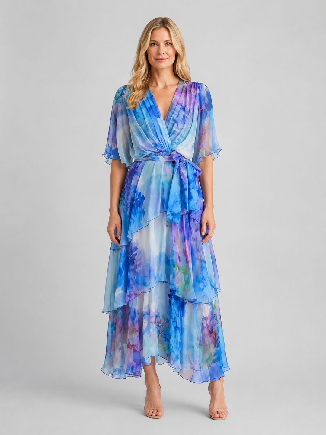 Women’s Tiered Chiffon Maxi Dress with Belt