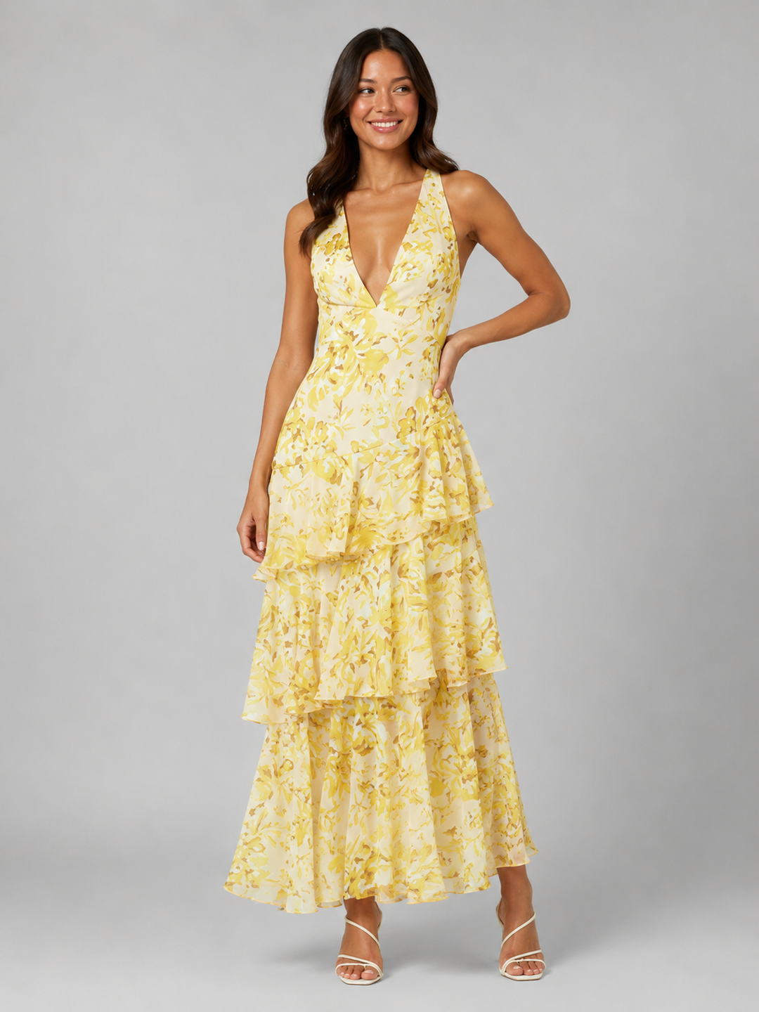 Women’s Tiered V-Neck Maxi Dress with Ruffles