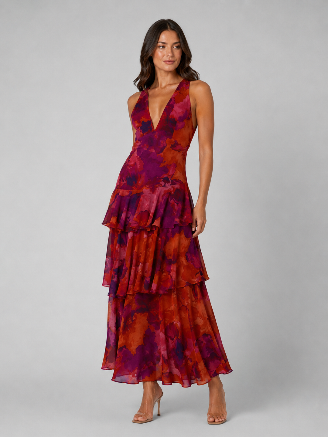 Women’s Tiered V-Neck Maxi Dress with Ruffles