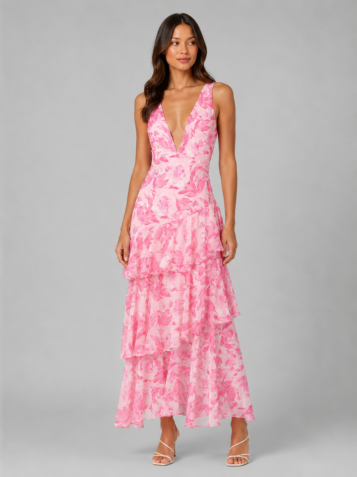 Women’s Tiered V-Neck Maxi Dress with Ruffles