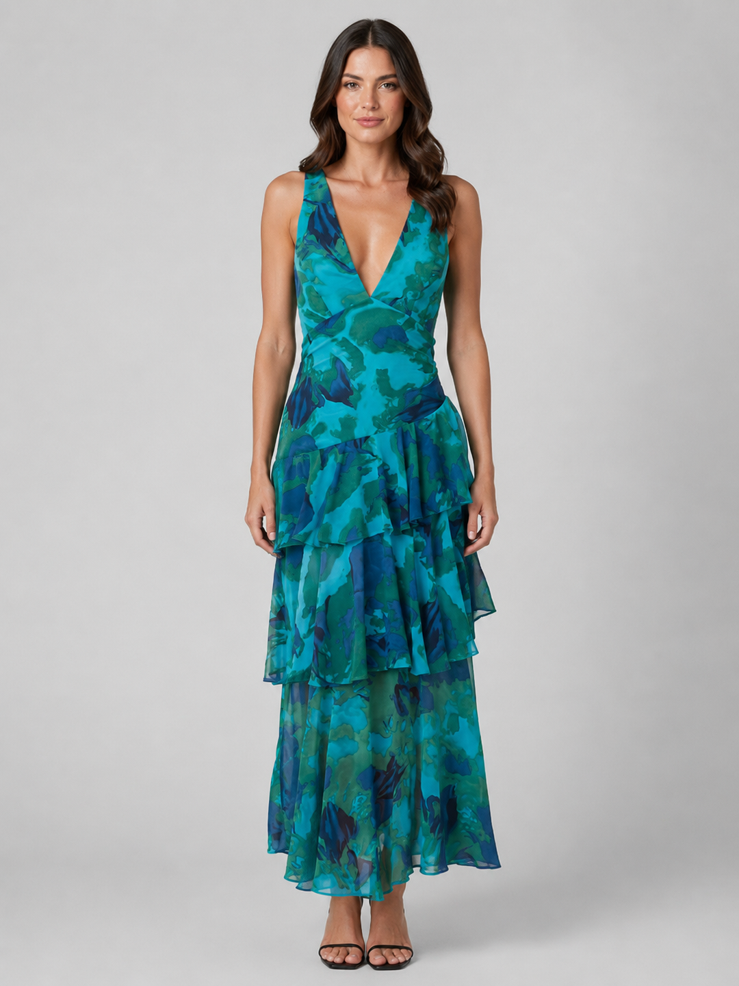 Women’s Tiered V-Neck Maxi Dress with Ruffles
