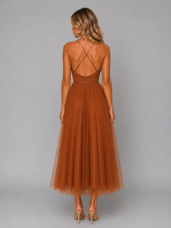 Women’s Tulle Midi Dress with Waist Tie