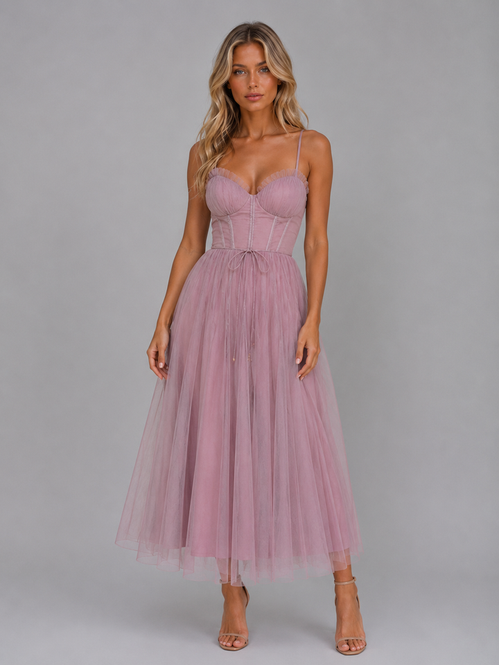 Women’s Tulle Midi Dress with Waist Tie