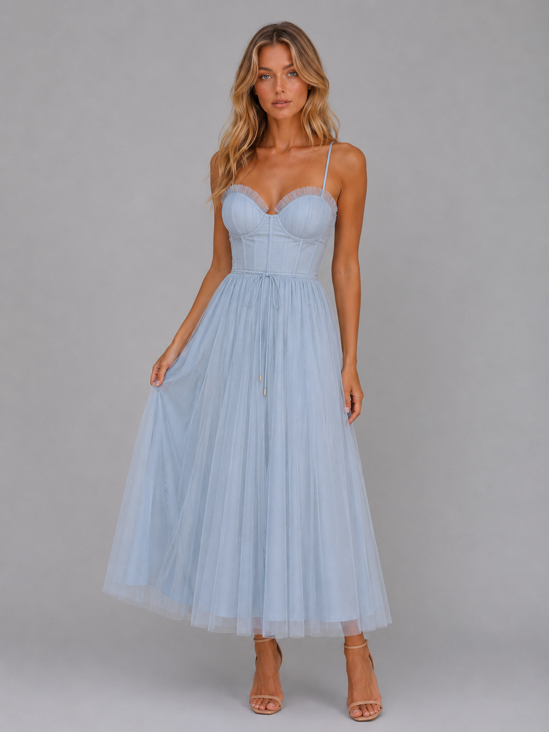 Women’s Tulle Midi Dress with Waist Tie