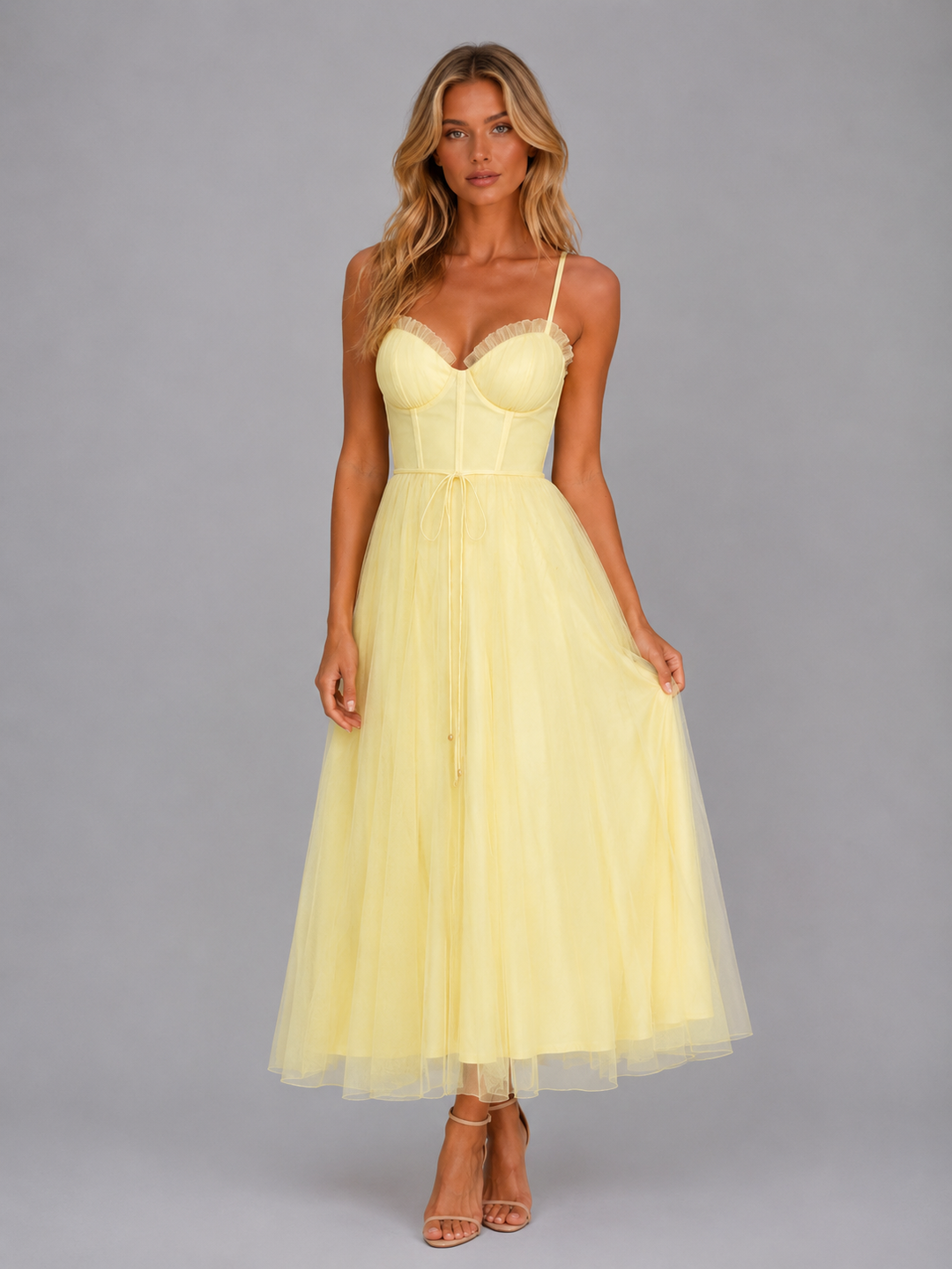 Women’s Tulle Midi Dress with Waist Tie