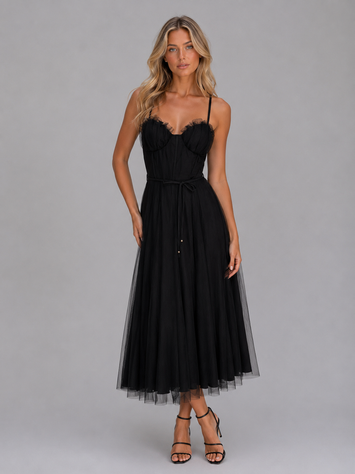 Women’s Tulle Midi Dress with Waist Tie
