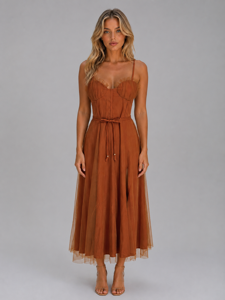 Women’s Tulle Midi Dress with Waist Tie