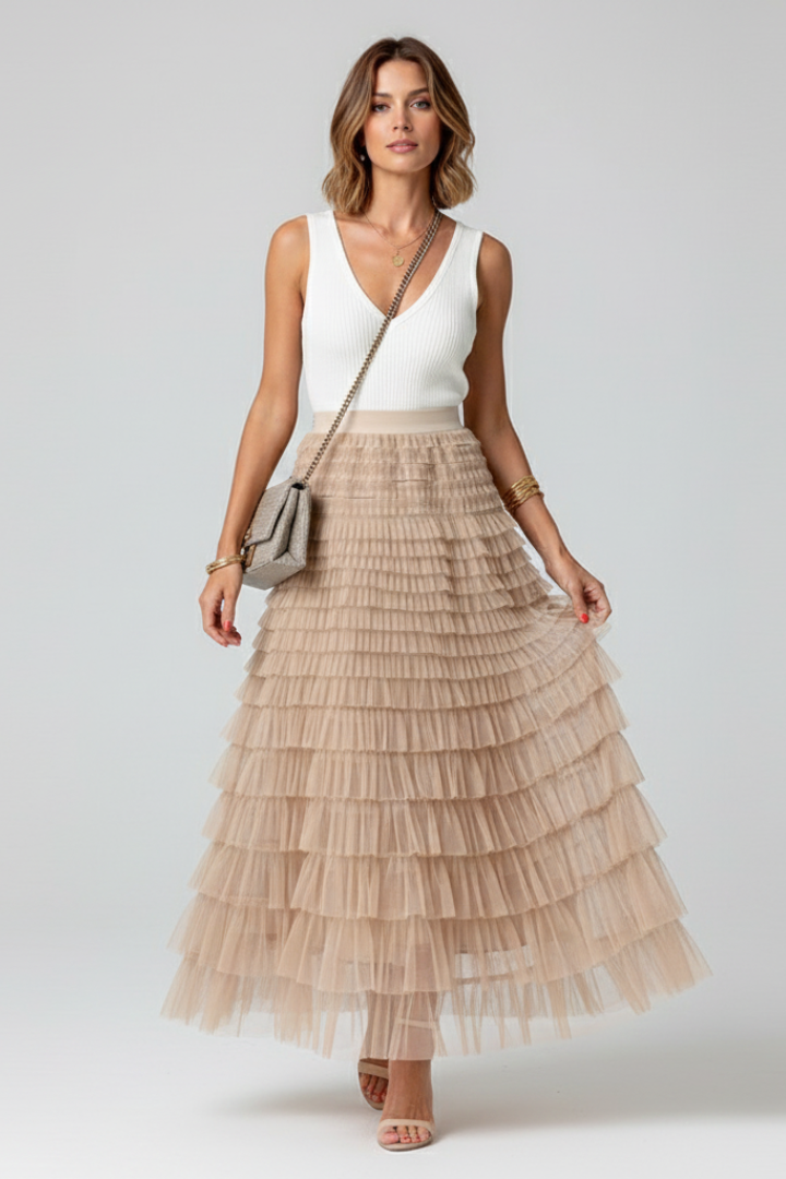 Women's Tulle Midi Skirt with Elastic Waist for Daytime