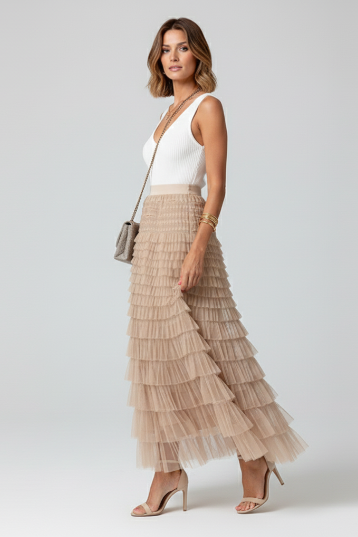 Women's Tulle Midi Skirt with Elastic Waist for Daytime