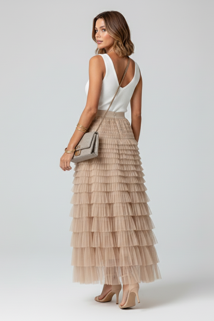 Women's Tulle Midi Skirt with Elastic Waist for Daytime