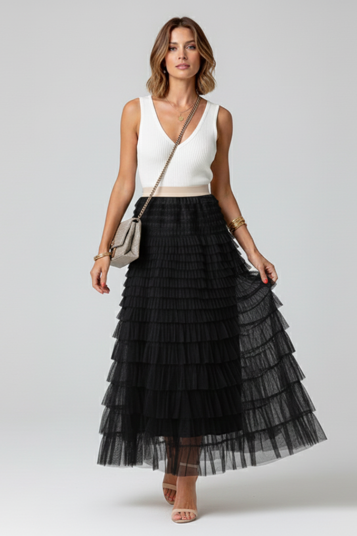 Women's Tulle Midi Skirt with Elastic Waist for Daytime