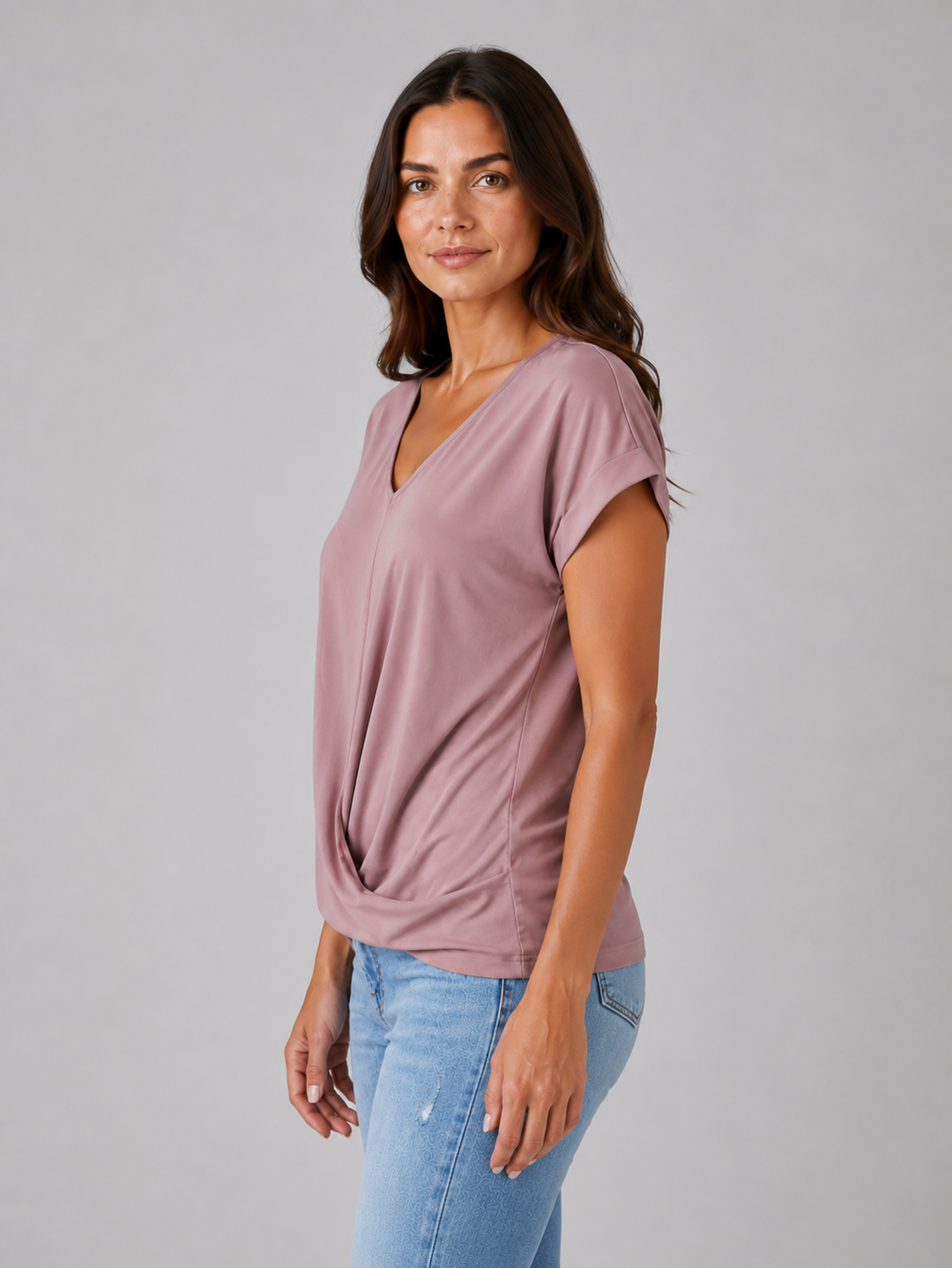 Women’s V-Neck Draped T-Shirt with Twist Hem
