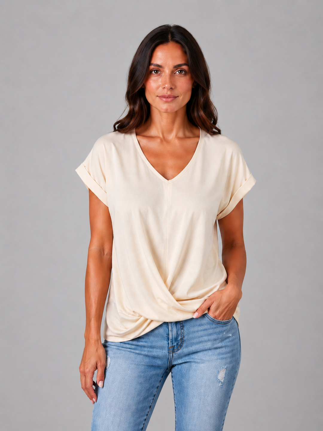 Women’s V-Neck Draped T-Shirt with Twist Hem