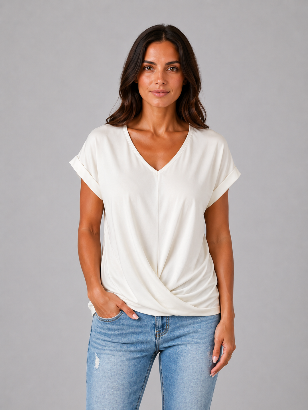 Women’s V-Neck Draped T-Shirt with Twist Hem