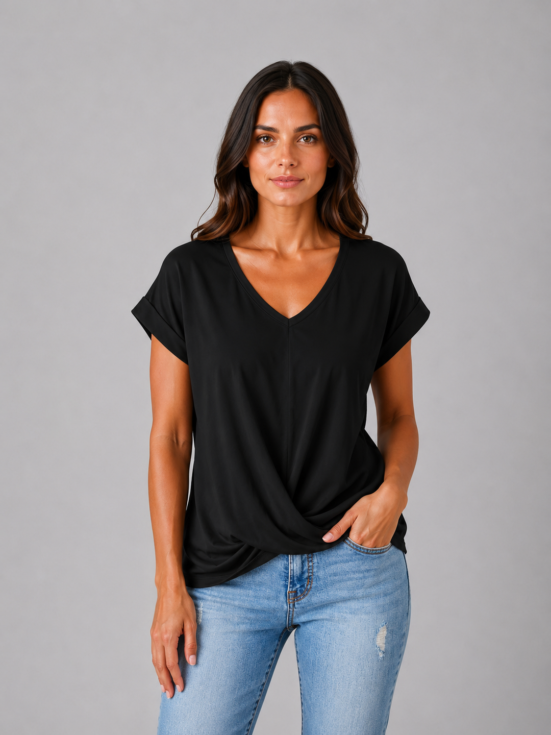 Women’s V-Neck Draped T-Shirt with Twist Hem