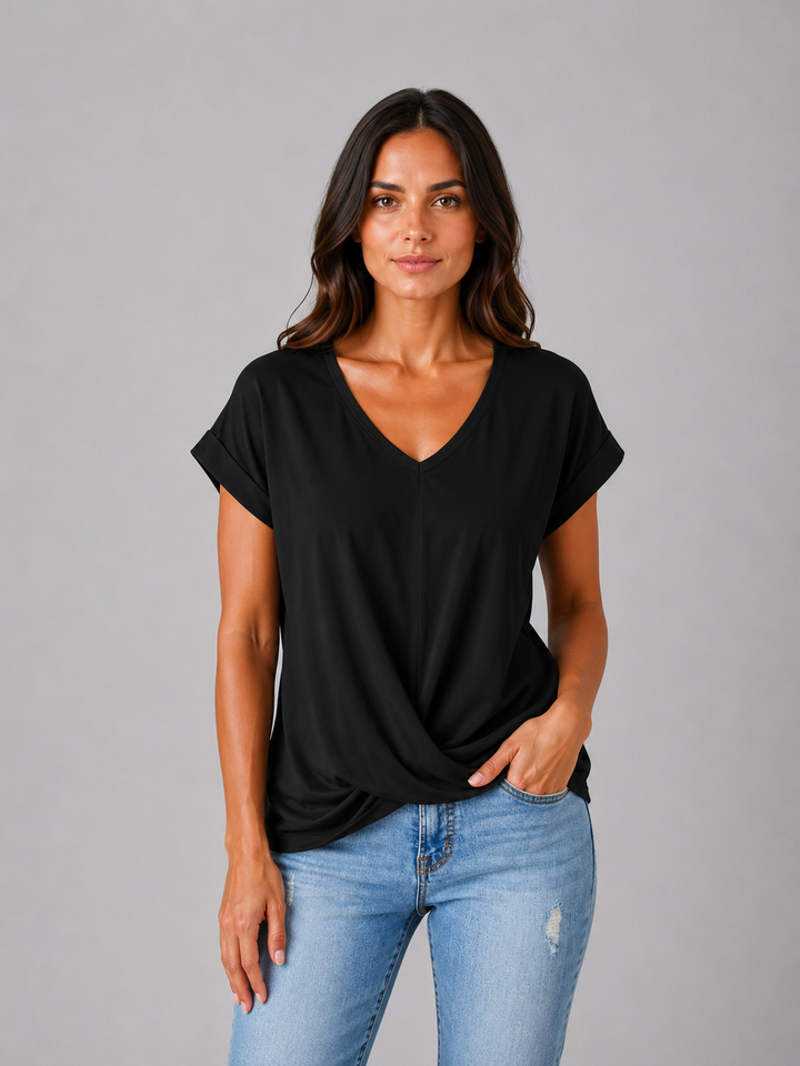 Women’s V-Neck Draped T-Shirt with Twist Hem