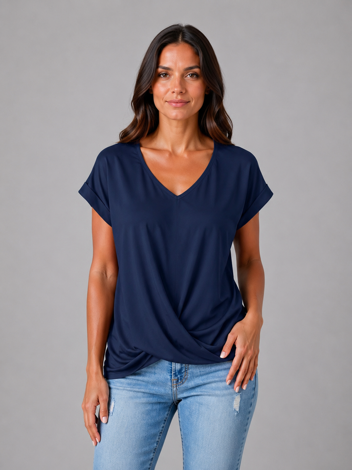 Women’s V-Neck Draped T-Shirt with Twist Hem