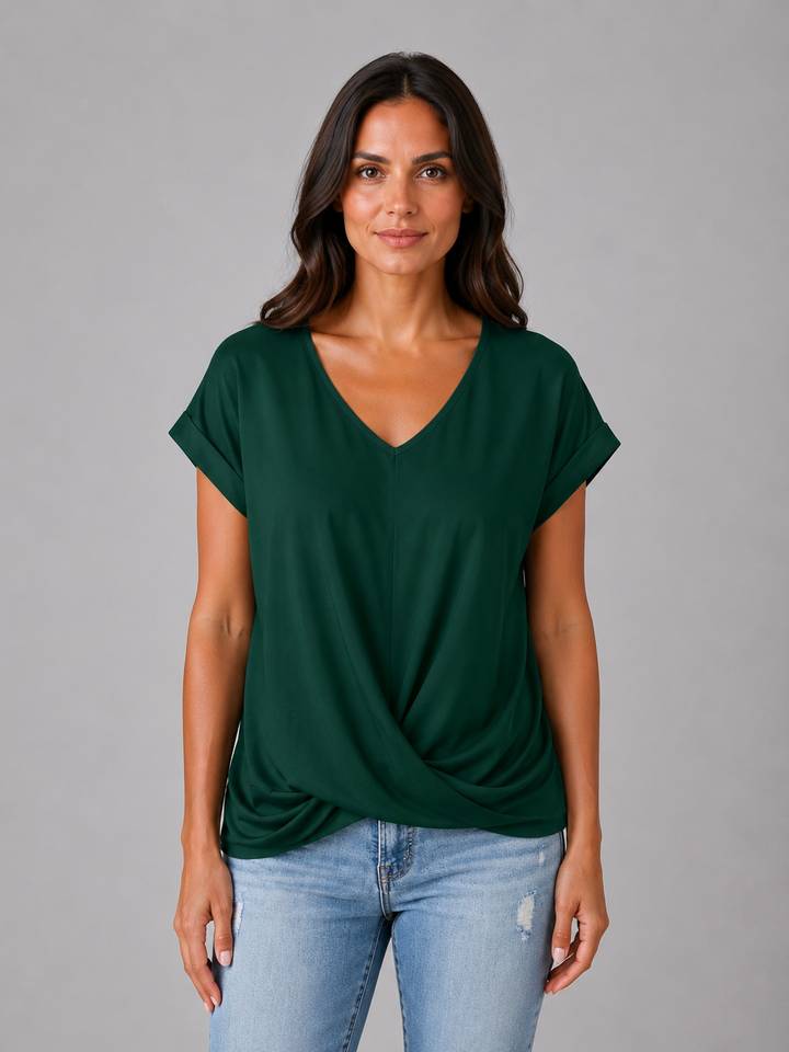 Women’s V-Neck Draped T-Shirt with Twist Hem