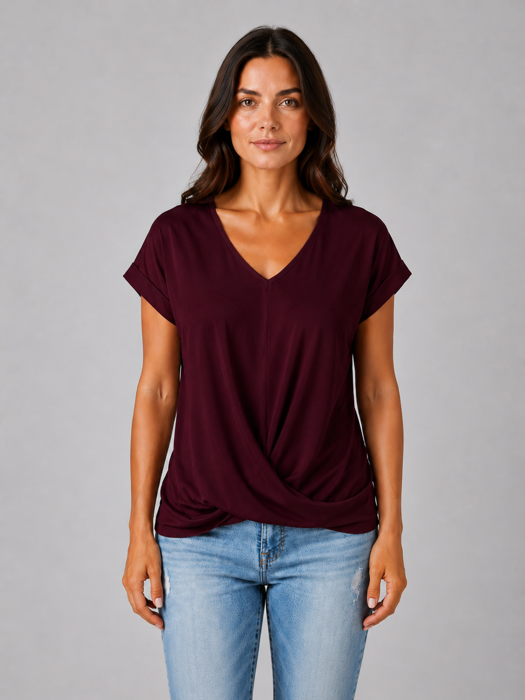 Women’s V-Neck Draped T-Shirt with Twist Hem