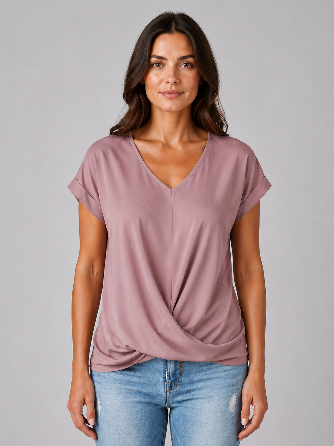 Women’s V-Neck Draped T-Shirt with Twist Hem