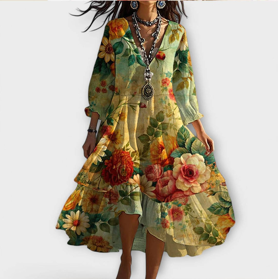 Women's V-Neck Floral Print Dress for Garden Parties