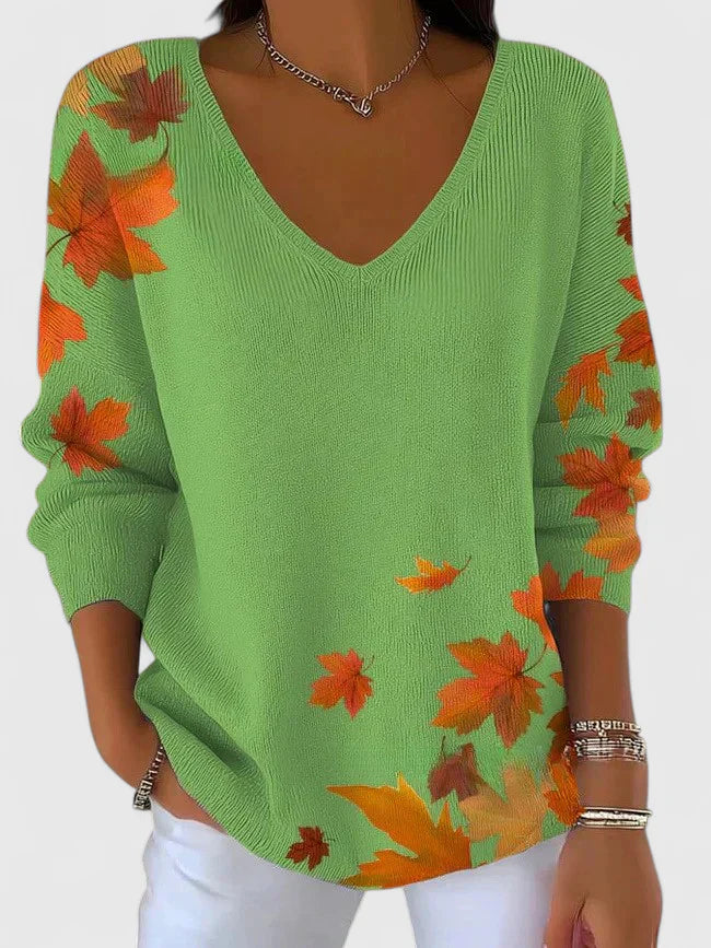 Women's V-Neck Jumper with Leaf Print for Autumn Outings