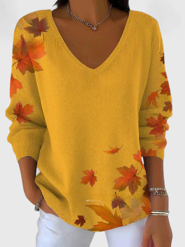Women's V-Neck Jumper with Leaf Print for Autumn Outings